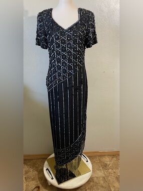MODI Silk Beaded Sequin Fringe Maxi Dress Navy Art Deco Glam Sz 8/10 Formal Gown